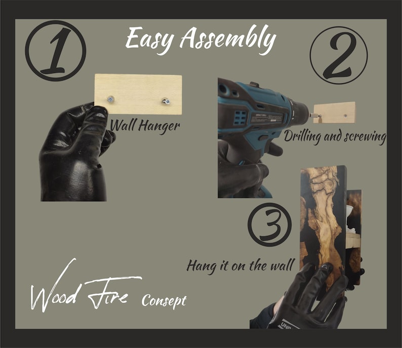 Op de afbeelding: Eenvoudige montage-instructies voor een wandhanger. De afbeelding toont drie stappen: het bevestigen van een wandhanger, boren en schroeven, en het ophangen van het afgewerkte product aan de muur. De tekst "Wood Fire Concept" is ook zichtbaar.