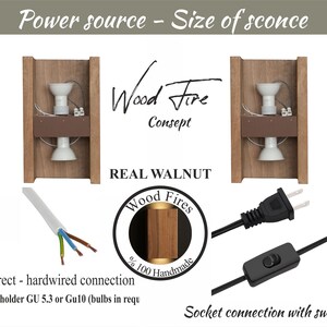 以下が含まれることがあります： 「Wood Fire Consept」と「Real Walnut」の文字が入った、電球ホルダー付きの木製壁掛け照明。直接配線接続とスイッチ付きソケット接続が含まれています。画像には、電球ホルダーのクローズアップも表示されています。