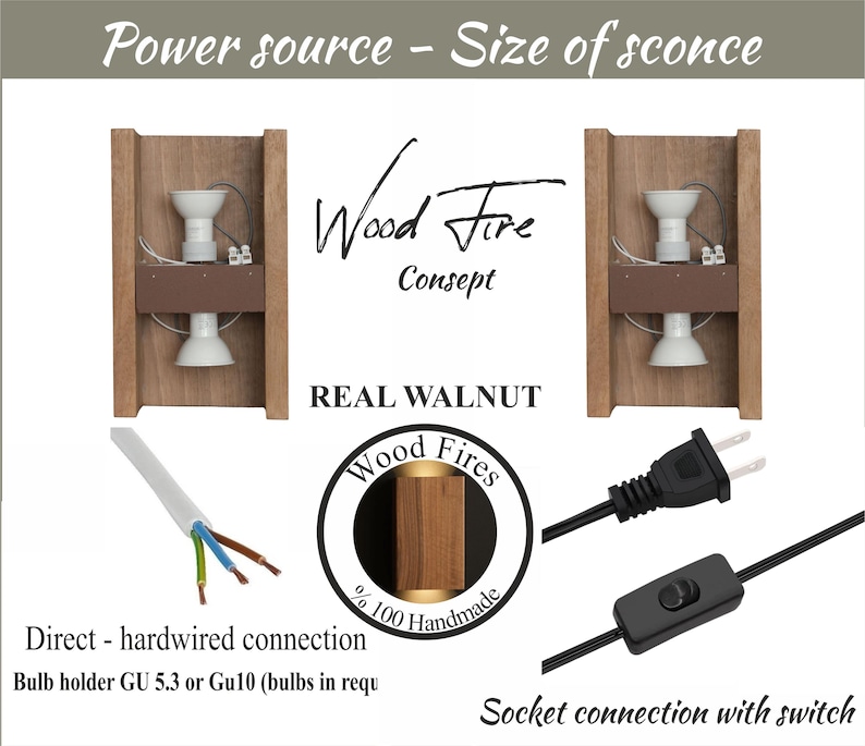 以下が含まれることがあります： 「Wood Fire Consept」と「Real Walnut」の文字が入った、電球ホルダー付きの木製壁掛け照明。直接配線接続とスイッチ付きソケット接続が含まれています。画像には、電球ホルダーのクローズアップも表示されています。