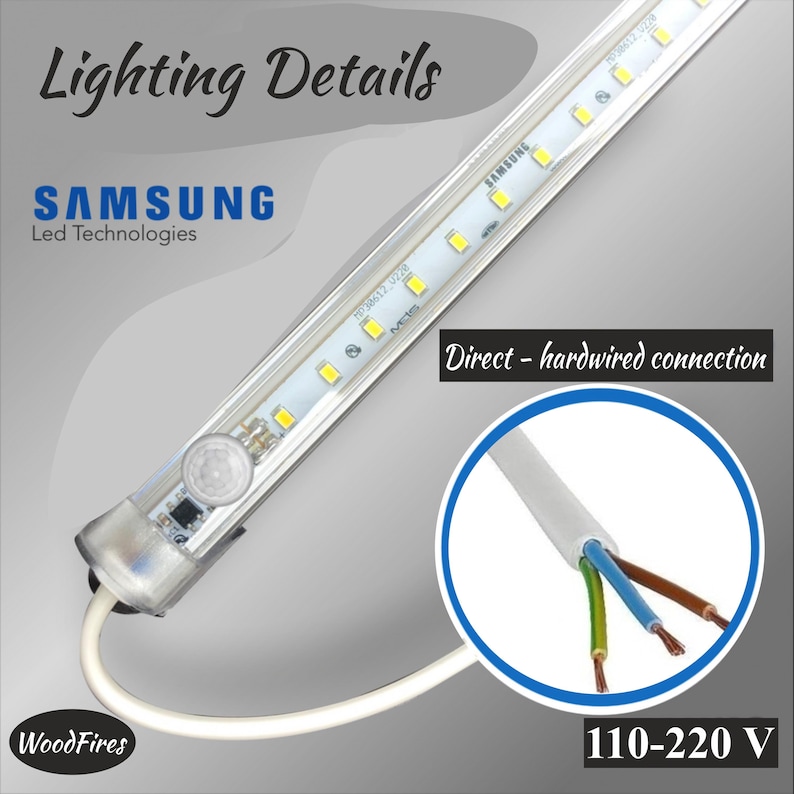 Peut inclure: Gros plan sur une bande lumineuse LED avec le texte "Lighting Details" et "SAMSUNG Led Technologies". La bande lumineuse est blanche et comporte plusieurs petites lumi&egrave;res jaunes. L'image montre &eacute;galement un gros plan du c&acirc;blage avec le texte "Direct - hardwired connection" et "110-220 V".