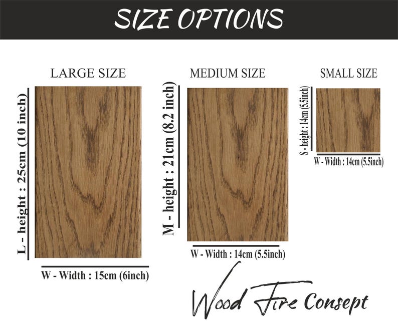 Op de afbeelding: Drie houten panelen die verschillende maten voor een houten bord laten zien. De maten zijn gelabeld met "Groot", "Medium" en "Klein". De afmetingen worden in inches en centimeters weergegeven. De tekst "Wood Fire Consept" staat onderaan de afbeelding.