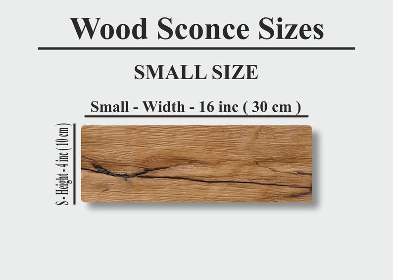 Peut inclure: Image pr&eacute;sentant les dimensions d'une petite applique murale en bois. Le texte indique les dimensions : 40 cm de large et 10 cm de haut. L'applique est rectangulaire, avec un motif de grain de bois naturel et des lignes sombres.