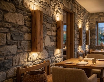 Rustic Reclaimed Wood Wall Sconce, Solid Oak Wall Light, Restaurant Wall Lighting, Cabin Lodge Lighting, Farmhouse Stone Wall Lamp