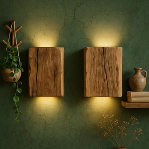 Könnte beinhalten: Zwei Wandleuchten aus Holz mit warmem Licht, das aus ihnen strahlt. Die Leuchten sind aus recyceltem Holz mit rustikalem Finish. Sie sind an einer grünen Wand montiert.