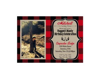 Lumberjack Buffalo Plaid Photo Birthday Party Invitation