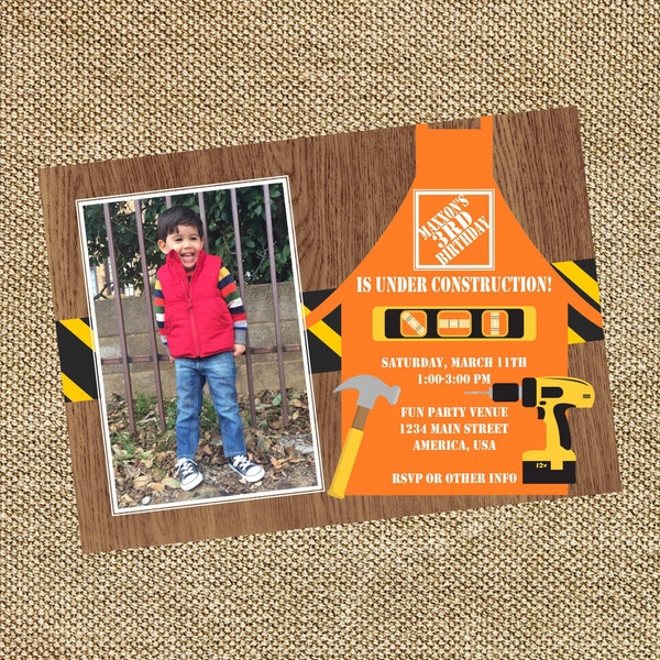 Home Depot Construction Birthday Photo Invitation