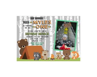 Woodland Forest Animal Camping Birthday Invite with Photo