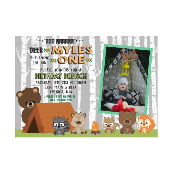 Woodland Forest Animal Camping Birthday Invite with Photo