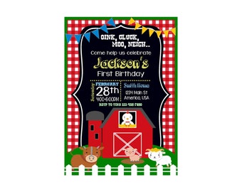 Farm Animal Gingham Birthday Baby Shower Invitation