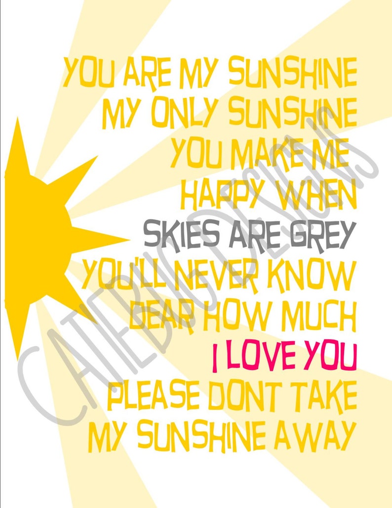 You are my Sunshine Lyrics Nursery Digital Art Print image 1