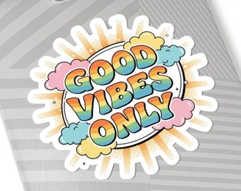 Good Vibes Only Sticker | Retro Rainbow, Sunshine Clouds Vinyl