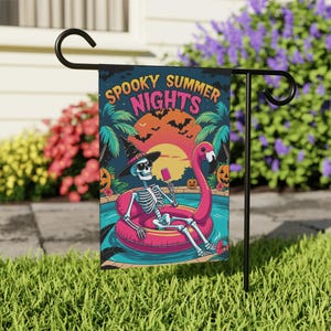 Spooky Summer Nights Skeleton Garden Flag | Halloween Flamingo Pool Party Yard Decor | Funny Seasonal Outdoor Decoration