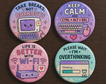 Cute Tech Lover Pin Button Designs, Retro Computer Aesthetic Pins, Kawaii WiFi Keyboard Nerd Humor Badge, Programmer Gift Idea