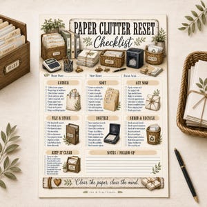 May include: A Paper Clutter Reset Checklist printed on cream paper with sections for Gather, Sort, Act Now, File & Store, Digitize, Shred & Recycle, and Keep It Clear. The design features illustrations of office supplies, baskets, and files.