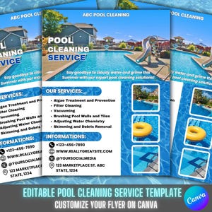 Modelo de serviço de limpeza de piscina, design de folheto faça você mesmo, negócio de piscina residencial ou comercial, modelo de manutenção de piscina