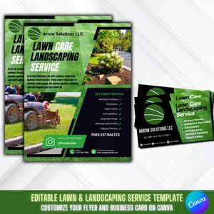 Panfleto de jardinagem e paisagismo com cartão de visita, folheto de cuidados com o gramado, cartões de visita de paisagismo, cartões de visita de cuidados com o gramado, serviço de paisagismo