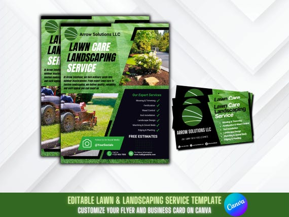 Lawn Care Flyer Template with Business Card | Editable Landscaping Flyer | Canva Lawn Service Marketing Kit