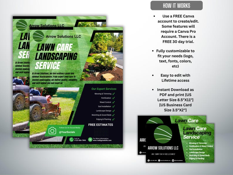 Lawn Care Flyer Template with Business Card | Editable Landscaping Flyer | Canva Lawn Service Marketing Kit image 6