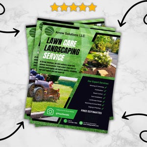 May include: A green and black flyer for Arrow Solutions LLC, a lawn care and landscaping service. The flyer features a photo of a lawnmower and a lush green lawn. The text on the flyer reads "Lawn Care Landscaping Service" and lists a variety of services, including mowing, trimming, fertilization, weed control, and more. The flyer also includes a call to action to "Follow Us On Social Media" and a phone number to call for a free estimate.