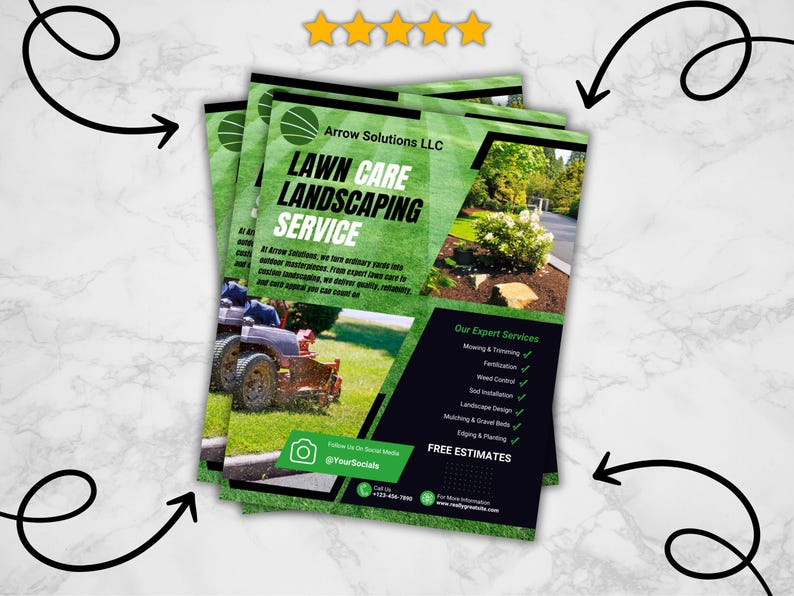 May include: A green and black flyer for Arrow Solutions LLC, a lawn care and landscaping service. The flyer features a photo of a lawnmower and a lush green lawn. The text on the flyer reads "Lawn Care Landscaping Service" and lists a variety of services, including mowing, trimming, fertilization, weed control, and more. The flyer also includes a call to action to "Follow Us On Social Media" and a phone number to call for a free estimate.