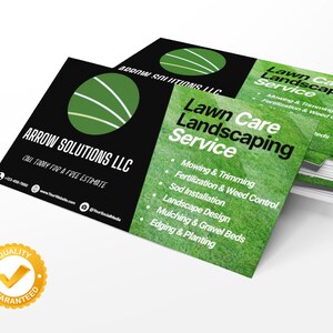May include: Black and green business card with the text "Arrow Solutions LLC" and "Lawn Care Landscaping Service". The card also includes a green circle logo with white lines and the text "Call today for a free estimate".