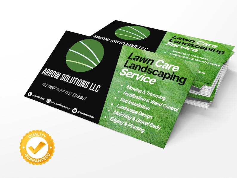 May include: Black and green business card with the text "Arrow Solutions LLC" and "Lawn Care Landscaping Service". The card also includes a green circle logo with white lines and the text "Call today for a free estimate".