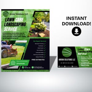 May include: A black and green flyer with the text "Arrow Solutions LLC" and "Lawn Care Landscaping Service". The flyer also includes a list of services offered, such as mowing, trimming, fertilization, weed control, sod installation, landscape design, mulching and gravel beds, edging and planting. The flyer also includes a call to action to "Call Us" and "Follow Us On Social Media".
