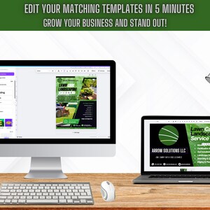 May include: A computer screen displaying a website with a green and black flyer template for a lawn care landscaping service. The flyer includes the text "Lawn Care Landscaping Service" and "Arrow Solutions LLC". The website is open on a desktop computer with a keyboard and mouse. A laptop computer is also shown with a similar flyer template on the screen.
