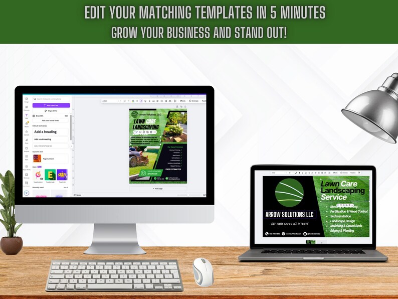 May include: A computer screen displaying a website with a green and black flyer template for a lawn care landscaping service. The flyer includes the text "Lawn Care Landscaping Service" and "Arrow Solutions LLC". The website is open on a desktop computer with a keyboard and mouse. A laptop computer is also shown with a similar flyer template on the screen.