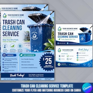 Trash Bin Cleaning Flyer & Business Card Canva Template | Editable Trash Can Cleaning Marketing Bundle | Digital Download