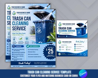 Trash Bin Cleaning Flyer & Business Card Canva Template | Editable Trash Can Cleaning Marketing Bundle | Digital Download