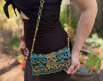 Teal Tangle Custom Made Metal Ring Handbag – Chainmail Style Purse – Handmade Accessory – Durable & Elegant Gift