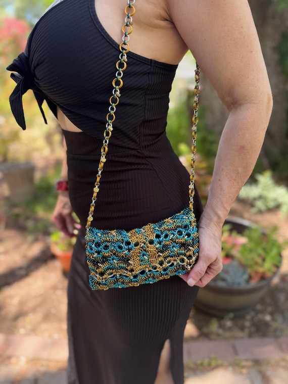 Teal Tangle Custom Made Metal Ring Handbag – Chainmail Style Purse – Handmade Accessory – Durable & Elegant Gift