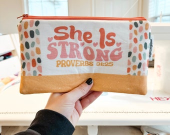 XL pencil pouch -- SHE is STRONG [faux patchwork]