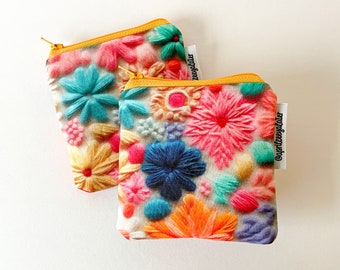 mini square pouch -- faux embroidered flowers