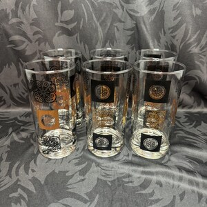 Vasos de vidrio de mediados de siglo MCM negros y dorados de Federal Glass, juego de 6