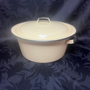 May include: A cream-colored enamelware pot with a black rim and a lid. The pot has a single handle on each side and a silver handle on the lid.