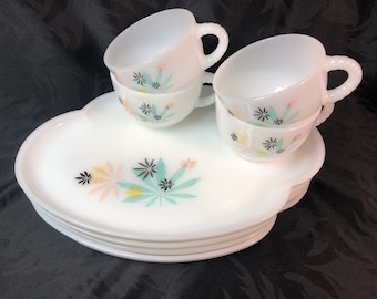 Japanese Maple Leaf Snack Plates and Teacups, Milk Glass