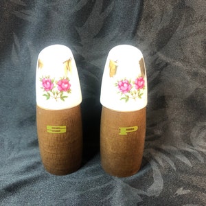 Floral Ceramic and Wood Salt and Pepper Shakers