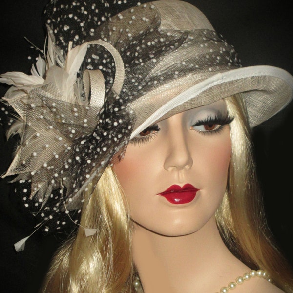 DOWNTON DIVA CLOCHE - Art Deco Hat, 20s Gatsby Hat, White Sinamay Derby Hat, 20s Wedding Hat, Tea Party Hat, Black & White Polka Dot Hat