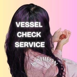 May include: Image with the text "VESSEL CHECK SERVICE" in white, set against a person with dark hair and a pink top. A small, round, orange object is held in the person's hands. The text "by SHIEON" is also visible.