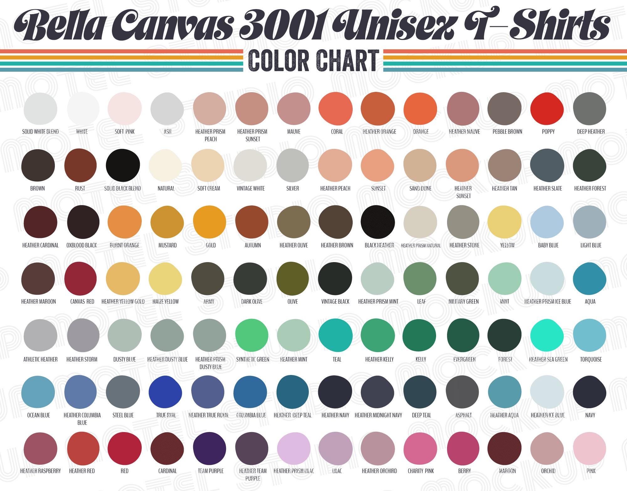Bella Canvas 3001 Color Chart, Unisex T-shirt Colors Guide, Bella ...