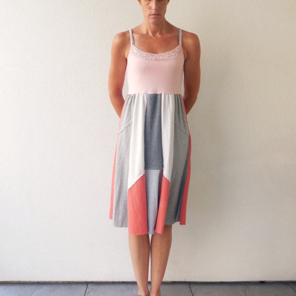 Upcycled T-Shirt Dress Womens Summer Dress Peach Pink Gray Cotton Dress Recycled Dress Fashion Handmade Dress Eco Dress Maternity Dress