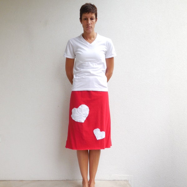 Falling Hearts T Shirt Skirt / Valentine Red / White / Women / Knee Length / Cotton / Soft / Fashion / Fun / For Her / by ohzie