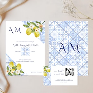 Lemon & Mosaic Tile Wedding Invitation Template – Mediterranean Amalfi Coast Theme – Digital Download – Printable Wedding Invite