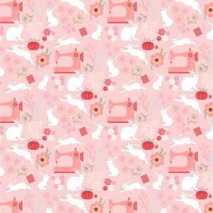 May include: A pink and white seamless pattern featuring white bunnies, pink sewing machines, and pink flowers. The pattern is perfect for fabric, wallpaper, or wrapping paper.