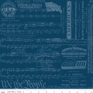 May include: Dark blue fabric with white text and musical notes. The design includes phrases like "American Patrol," "We the People," and "American Sewing Machine." The fabric also features an American flag and various advertisements.