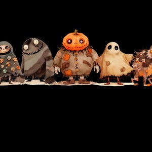 May include: A digital illustration on a black background featuring five characters: a hooded figure with a scythe and skull patches, a furry grey creature, a pumpkin-headed figure in a patched suit, a ghost in a tattered sheet, and a wolf-like creature.