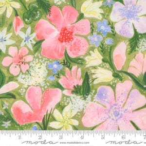 May include: A floral fabric design with large pink and purple flowers, small blue and white blossoms, and green leaves on a light green background. The fabric has a watercolor style, suitable for quilting or craft projects. The fabric is marked with a ruler.