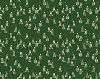 May include: A fabric featuring a repeating pattern of small, stylized evergreen trees with snow-covered tops on a dark green backdrop. Tiny white dots are scattered throughout the design, resembling snowflakes. Ideal for festive crafts and projects.